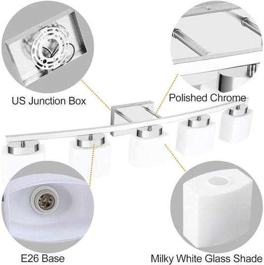 5-Light Modern Chrome Vanity Light Fixture with White Glass Shade for Bathroom Over Mirror, 40 Inches