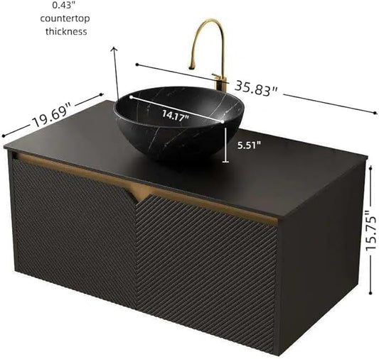 36 Inch Bathroom Vanity with Sink, Floating Fluted Vanity with Vessel Sink, Modern Bathroom Vanity Cabinet with 2 Doors, Bowl Vessel Sink & Sintered Stone Top, Black