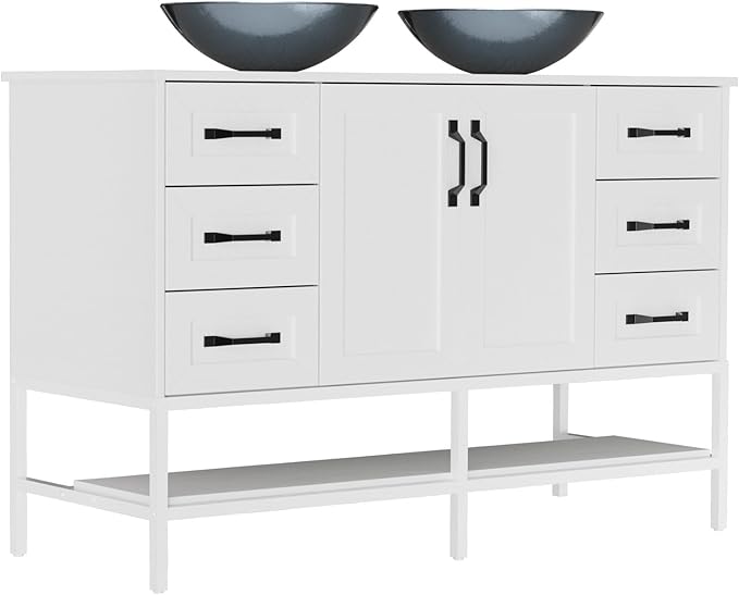 VNN 48 Inch Bathroom Vanity with Sink - Double Sink Bathroom Vanity, Freestanding Cabinet with Open Shelves and 6 Storage Drawers, Modern Iron Wood Cabinet with Countertop Tempered Glass Vessel, White