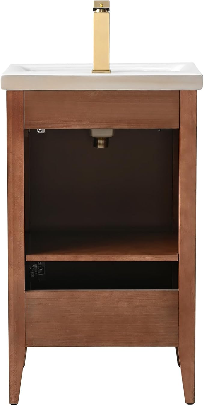 Vanity Art 20 inch Bathroom Vanity with Single Sink & Ceramic Top, Vanity Cabinet with Soft-Closing Door, Solid Wood Frame, Linear Pattern, Walnut, Golden Brushed Handware VA9120-Walnut-GB