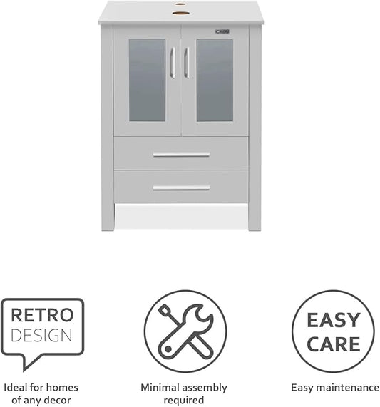 eclife 84" Modern Bathroom Vanity Sink Combo Freestanding Cabinet with Small Side Cabinet, Champagne Boat Glass Vessel Sink, Water Save Faucet, Drain (Gray+A29CH)