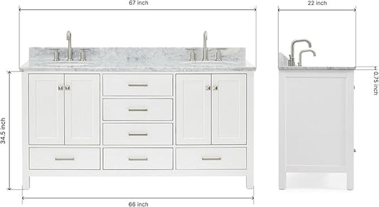 ARIEL Cambridge 66-inch Bathroom Vanity with Sink,Solid Wood, 0.75-inch Italian Carrara Marble Countertop & Backsplash, Double Oval Porcelain Sink, 4 Soft Closing Doors, 6 Dovetail Drawers, White