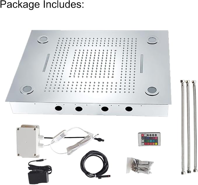 Cascada Classic Design 23”x31” large recessed LED rain shower head w/3 modes (Rainfall+ Water Curtain + Waterfall)(NON Music, Polished Stainless Steel)