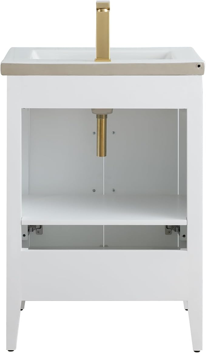 HomeBeyond 24 Inch Bathroom Vanity with Sink & Ceramic Top, Single Vanity Cabinet with Basin, Soft-Closing Doors & Matte Black Hardware, White
