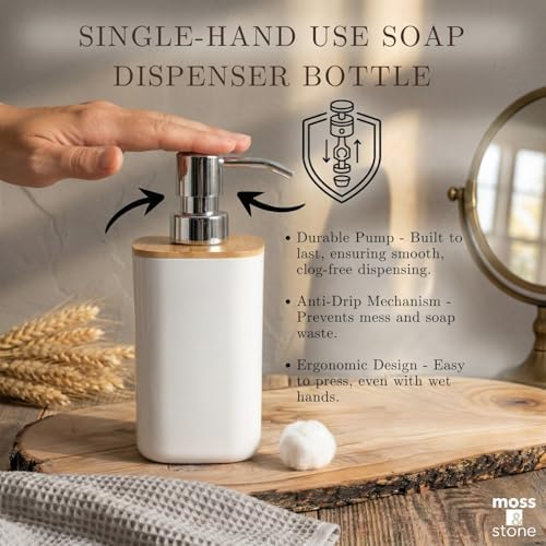 Moss & Stone 6-Pcs White & Bamboo Bathroom Accessories Set, Soap Dispenser