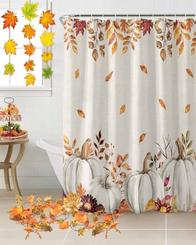 Shower Curtain Bathroom Set Thanksgiving Pumpkin Fall Orange Maple Leaf Watercolor Waterproof Shower Curtains with Grommets Hooks Vintage Linen Privacy Bath Curtain for Bathtub Decor 72x78in