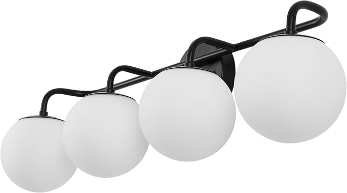 JONATHAN Y Louis Parisian Globe 31" Vanity 4-Light, Black | White Frosted Glass Shade, Midcentury Parisian Bistro Style, Metal Wall Lamp, Dimmable, Hardwired, LED Bulbs Included