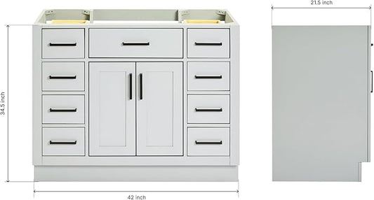 ARIEL Hepburn 42-inch Bathroom Vanity Base Cabinet,Solid Wood, 2 Soft Closing Doors, 9 Dovetail Drawers, Grey