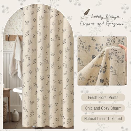 Black Floral Farmhouse Vintage Linen Shower Curtain French Country 72Wx84H