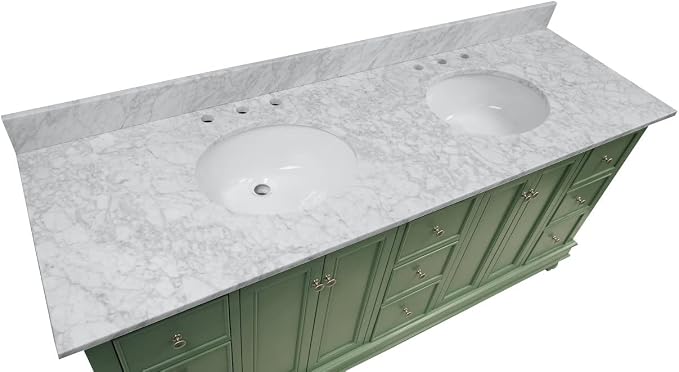 Bella 72-inch Double Bathroom Vanity (Carrara/Sage Green): Includes Sage Green Cabinet with Authentic Italian Carrara Marble Countertop and White Ceramic Sinks