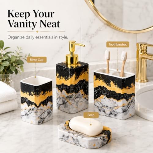 4 Piece Bathroom Accessories Set - Black and White Includes Lotion Dispenser, Toothbrush Holder Tumbler, and Soap Dish - Glossy Finish (Marble, Black, and White)