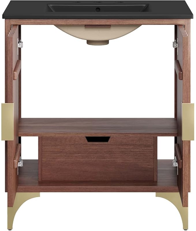 Modway Daylight Bathroom Vanity Cabinet with Ceramic Sink Basin, 30 Inch, Black Walnut