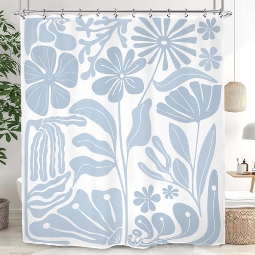 Light Blue Matisse Flower Shower Curtain 60Wx72L Inch Abstract Retro Aesthetic Minimalist Vintage Art 70s Modern Bathroom Set Accessories Decor with 12 Pack Hooks