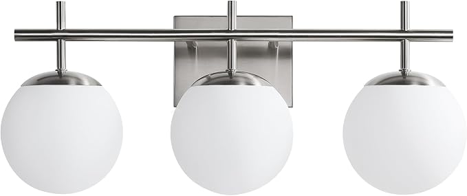 Bathroom Light Fixtures over Mirror, 3-Light Brushed Nickel Vanity Lights for Bathroom, Mid-Century Modern Vanity Light with Milky White Globe Glass Shades, 22.4 Inch Sconces Wall Lighting for Bath