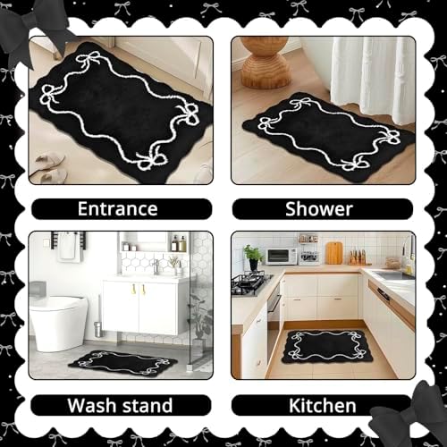 Mocsicka Black Bow Bath Mat Cute Bow Bathroom Rug Super Soft Absorbent Bathroom Rugs Non Slip Bath Mat Machine Washable Rug for Bathrooms 20x32 inches (Black, 50x80cm)