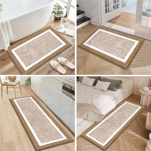 Pauwer Bathroom Rug Sets 3 Piece, Non Slip Washable Bath Mat, Khaki