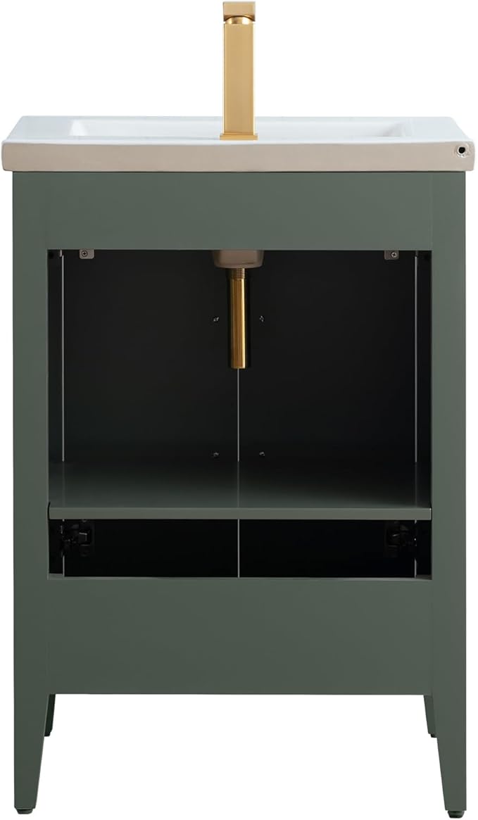 Vanity Art 24 inch Bathroom Vanity with Single Sink & Ceramic Top, Vanity Cabinet with Soft-Closing Doors, Solid Wood Frame, Vintage Green,VA9024-VG-MB1