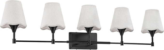 Modern Bathroom Vanity Light Fixtures: Matte Black Vanity Lights Over Mirror with Flared Fabric Shade, Farmhouse Bathroom Lighting Fixtures, 5 Light Wall Sconces Lights for Bedroom Hallway Living Room