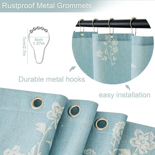 ORTIGIA Light Blue Linen Shower Curtain Farmhouse Vintage Floral Shower Curtains Baby Blue Boho Rustic Block Print Cottagecore Decor for Bathroom 72 W x 72 L