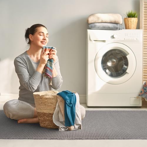 ZALL Grey Waffle Bath Mat,Super Absorbent Non Slip Long Bathroom Runner Rug,Gray 24X60inch,Machine Washable Ultra Soft Floor Mats