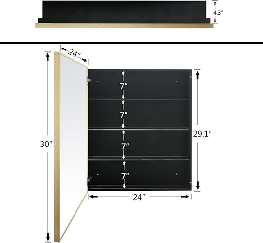 24”x30” Medicine Cabinet with Aluminum Frame,Surface or Recessed Medicine Cabinet Mirror for Bathroom,Bathroom Mirror with Storage,Gold