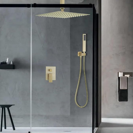 16 Inch Ceiling Mount Brushed Gold Shower System Bathroom Luxury Rain Mixer Shower Combo Set Ceiling Rainfall Shower Head System (Contain Shower Faucet Rough-in Valve Body and Trim Kit)