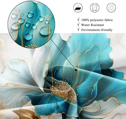 Teal Gold Marble Floral Abstract Turquoise Art Bathroom Shower Curtain Set