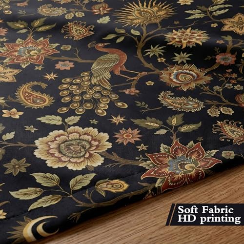 Boho Chic Black Floral Shower Curtain, Vintage Rustic Antique Victorian Peacock Paisley Farmhouse Shower Curtain Set, Witchy Aesthetic Retro Bath Curtains Bathroom Accessories with Hooks, 72 x 72