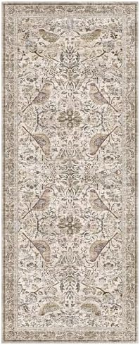 Hazo Haus Boho Moss 2x5 Laundry Room Rug - Floral & Bird Runner Rug for Kitchen Floor, Hallway, Bedroom, Entrance, Taupe Green Neutral Vintage Decor, Washable Non Slip Low Pile
