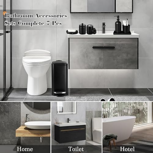 Black Bathroom Accessories Set, 7 Pcs Matte Black Bathroom Accessory Set with Trash Can, Soap Dispenser, Toothbrush Holder, Soap Dish, Vanity Tray, Qtip Holder, Modern Bathroom Sets Complete Decor