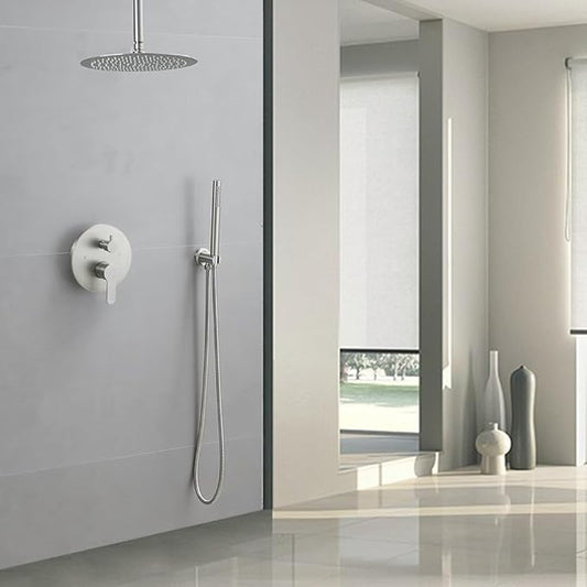 Brushed Nickel Ceiling Mount Round Rain Shower System with 12 Inch Shower Head and Handheld Bathroom Shower Set Contain Shower Faucet Trim Kit (Mixer Valve Included)