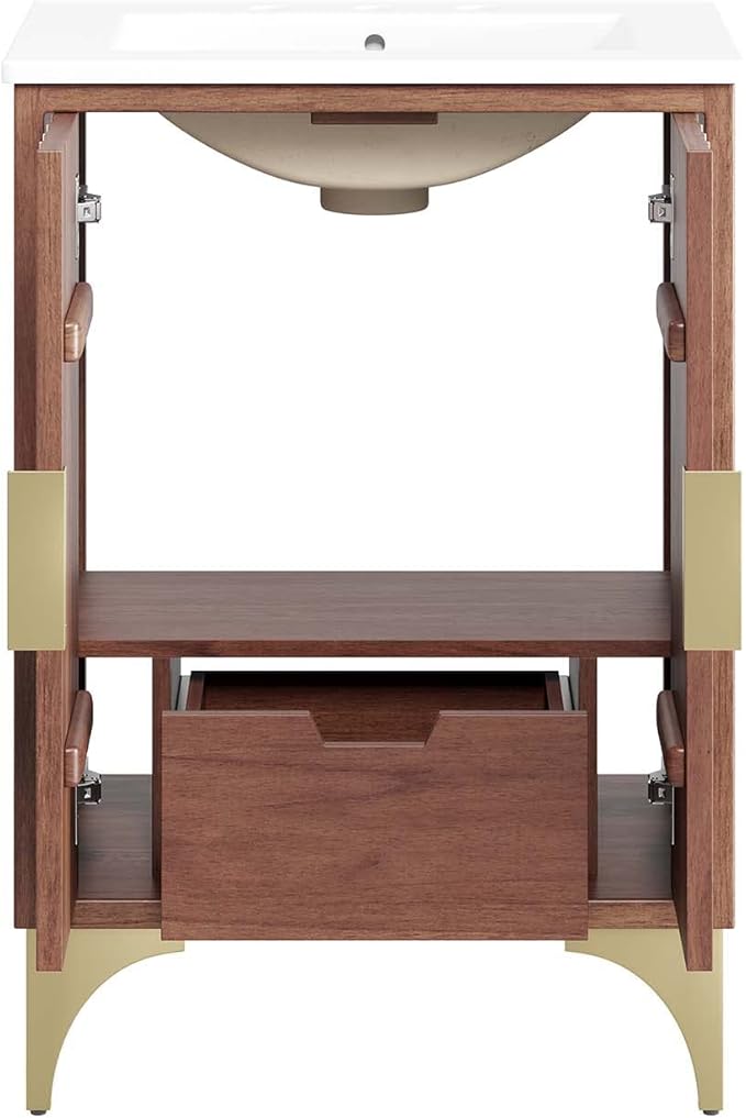 Modway Daylight Bathroom Vanity Cabinet with Ceramic Sink Basin, 24 Inch, White Walnut