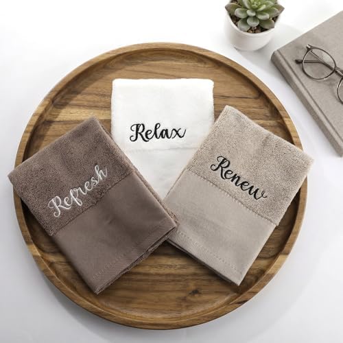 Tiamon 3 Pcs Bathroom Towel Decorative Set 100% Cotton Fluffy Bath Hand Towels for Guest Gifts Farmhouse Kitchen Hand Towels Home(White, Light Brown, Dark Brown,30 x 13 Inch,Relax Renew Refresh)