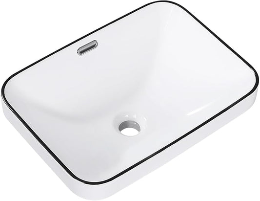 Bathroom Vessel Sink 18.2'' x 13.3'' Semi Recessed Bathroom Sink Rectangular Drop-in Vanity Sink with Overflow White with Black Rim Ceramic Modern Art Basin