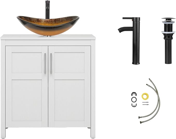 YOURLITE 30" Bathroom Vanity with Sink, White Bathroom Vanity with Faucet & Pop Up Drain Set,Traditional Vanity with Black Glass Bowl Bathroom Sink