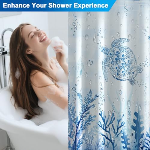 Blue Sea Turtle Shower Curtain with Hooks, Summer Ocean Waterproof Shower Curtains with Weighted Hem and Metal Grommets, Machine Washable Coastal Shower Curtain for Bathroom Decor, 72x72 Inches