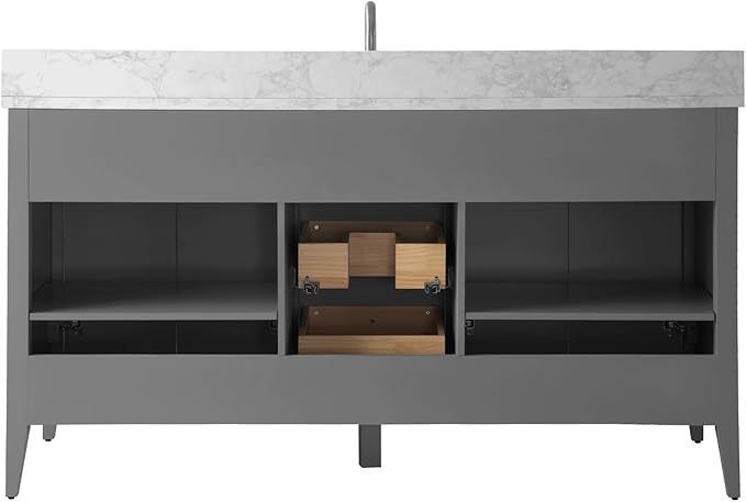 HOMEBEYOND 60" Bathroom Vanity with Single Sink, Solid Wood Bathroom Vanity Free-Standing Cabinet, Ceramic Top & Soft Closing Door, Golden Brushed Handware, Cashmere Gray