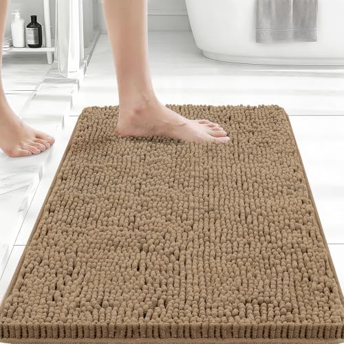 Bcoimo Small Bath Rug Mat,24x17 Chenille Non Slip Tan Bathroom Shower Mats