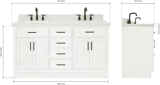 ARIEL Hepburn 60-inch Bathroom Vanity with Sink,Solid Wood, 1.5-inch Italian Carrara Marble Countertop, Double Rectangular Porcelain Sink, 4 Soft Closing Doors, 6 Dovetail Drawers, White