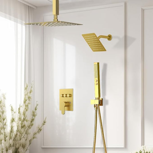 Brushed Gold Shower System, STARBATH Ceiling Mounted 12+6 Inch Rainfall Shower Head with 2 in 1 High Pressure Handhled, Can Use All at Once, Push Button Diverter Thermostatic Valve with Trim Kit