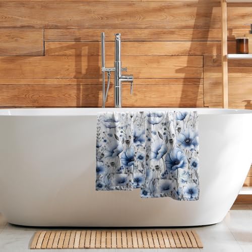 Watercolor Flowers Hand Towels, 14x28 Inch Blue Poppy Floral Butterflies Absorbent Soft Dish Cleaning Wash Cloth Tea Towels for Kitchen Bar Bathroom Spring Summer Home Decor