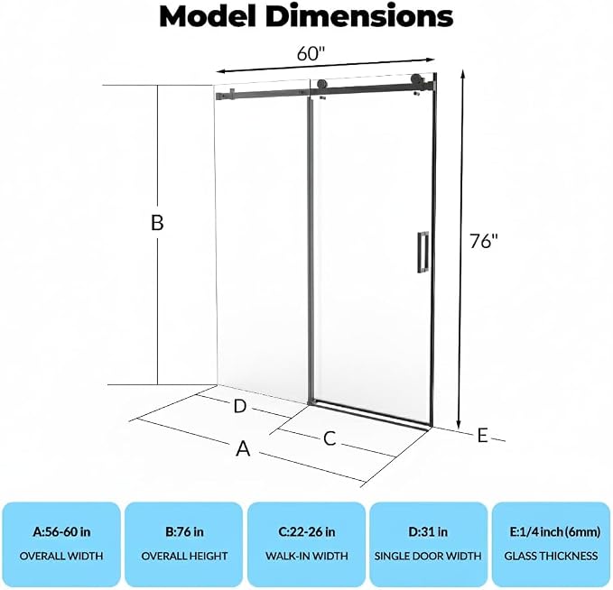 56-60" W x 76" H Frameless Sliding Shower Door, 1/4" (6mm) Tempered Glass with Explosion-Proof Film, Matte Black Bypass Shower Door with Seal Strips