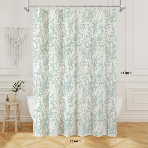 Teal Boho Linen Fabric Shower Curtain , Farmhouse Floral For Bathroom