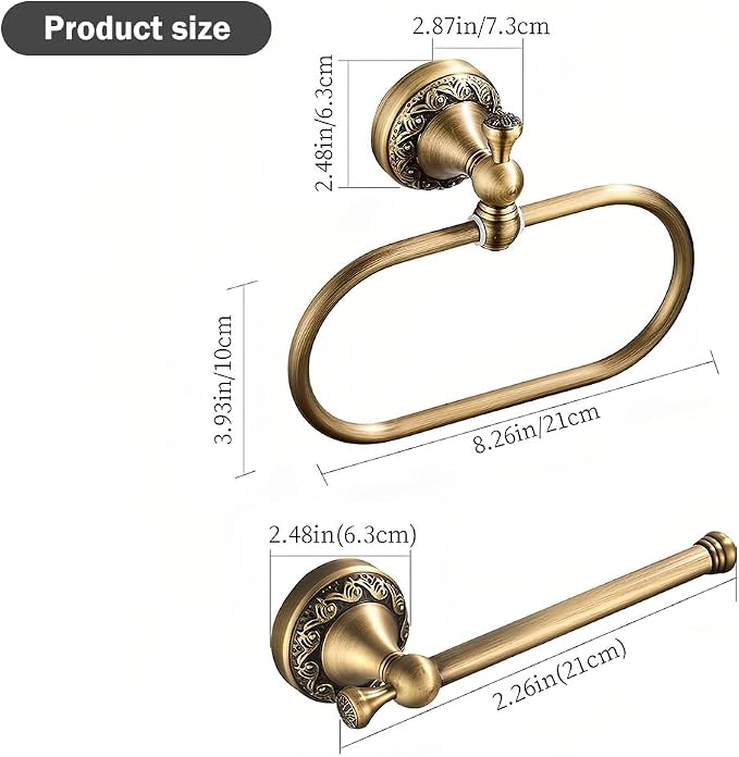 2-Piece Set Antique Brass Toilet Paper Holder, Brass Towel Ring Oval, Hand Towel Holder Bathroom Accessories Wall Mounted Vintage
