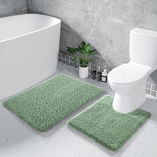 Yimobra U Shaped Toilet Bath Rug, Fluffy Plush, Super Shaggy Soft Non Slip, Water Absorbent Microfiber Bath Mat, Dries Quickly, Machine Washable Thick Bathroom Rugs, 20"x 24", Pure Light Green