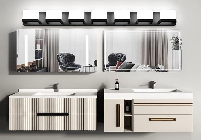 Tipace LED Modern Bathroom Vanity Light Fixtures, 7 Lights Black Vanity Lighting for Bathroom Wall Lights Up and Down LED Light Fixtures Over Mirror(White 6000K)