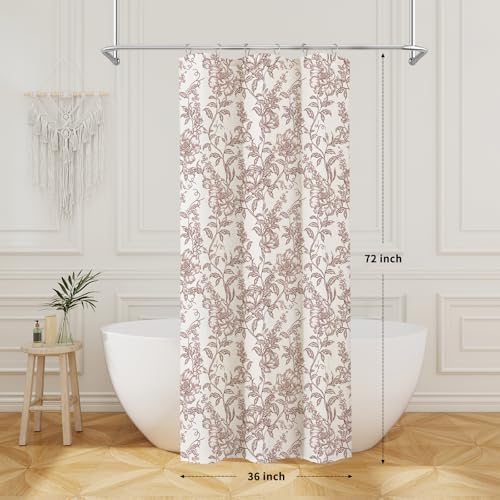 Burgundy Boho Linen Fabric Shower Curtain ,Farmhouse Floral For Bathroom