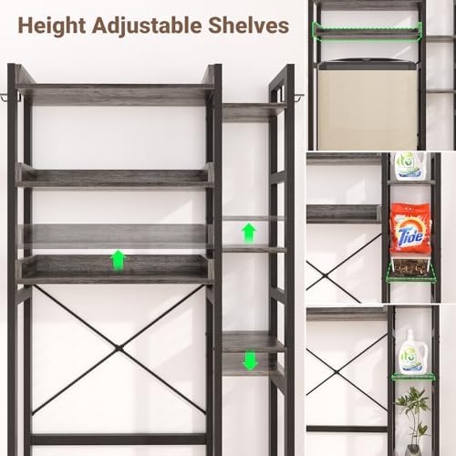 Besiost Over The Toilet Storage, 7 Tier Bathroom Organizer with Reversible Side Shelf and 2 Fabric Drawers, Adjustable Freestanding Rack Space Saver for Small Spaces, Grey Oak