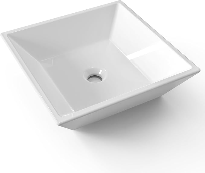 KES 17" Square Vessel Sink for Bathroom Vanity Countertop, Glossy White Ceramic Porcelain Bathroom Sink Bowl Above Counter, Modern Look, BVS141