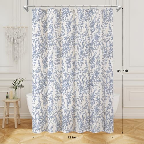 Blue Boho Linen Fabric Shower Curtain , Farmhouse Floral For Bathroom
